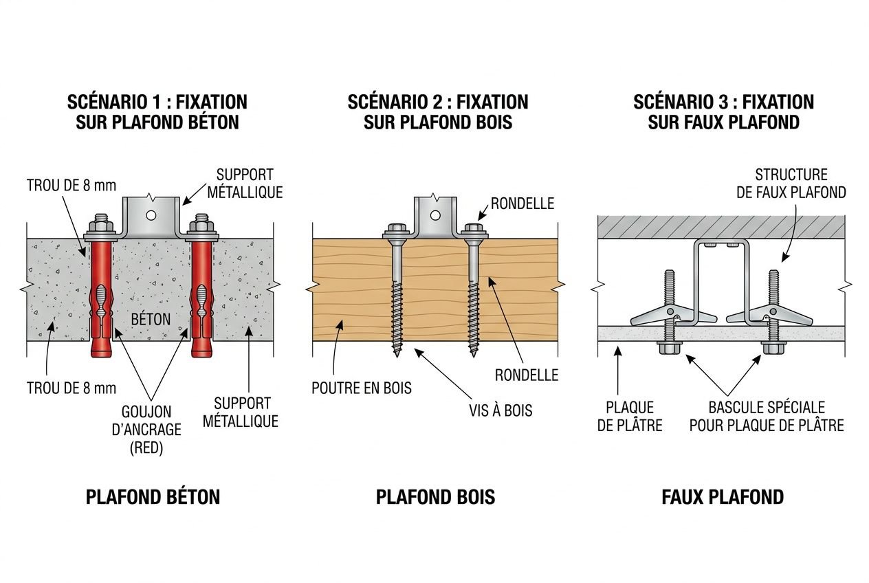 Guide illustré pour fixer un ventilateur de plafond avec télécommande: fixation au plafond, support et vis, emboîtement et composants du récepteur dans l’installation.