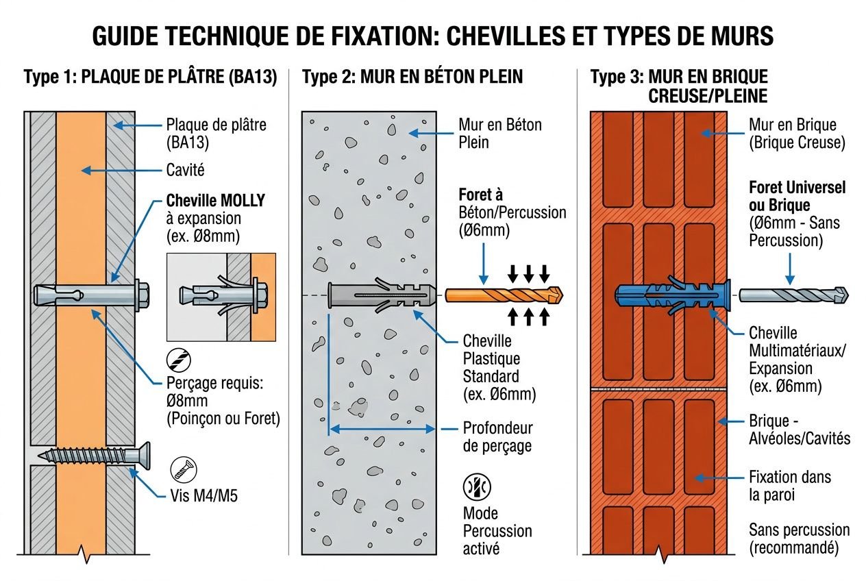 Guide technique de fixation: schéma montrant trois types de murs et les points de fixation pour une applique murale, avec chevilles et vis. Inclut perçage, profondeur, et fixation dans divers matériaux. comment installer une applique murale.