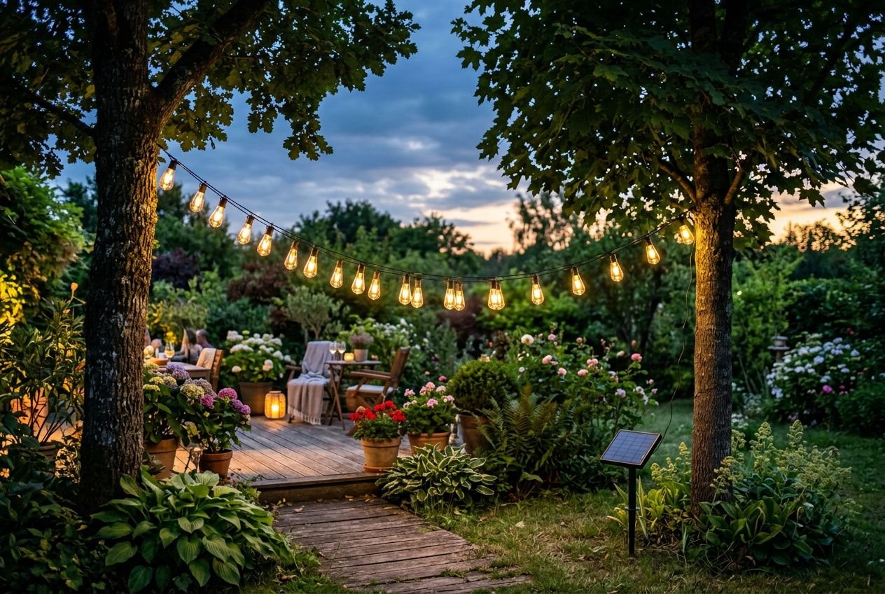 Guirlande lumineuse extérieur solaire suspendue entre deux arbres, éclairant un jardin avec table de terrasse et plantes au crépuscule.