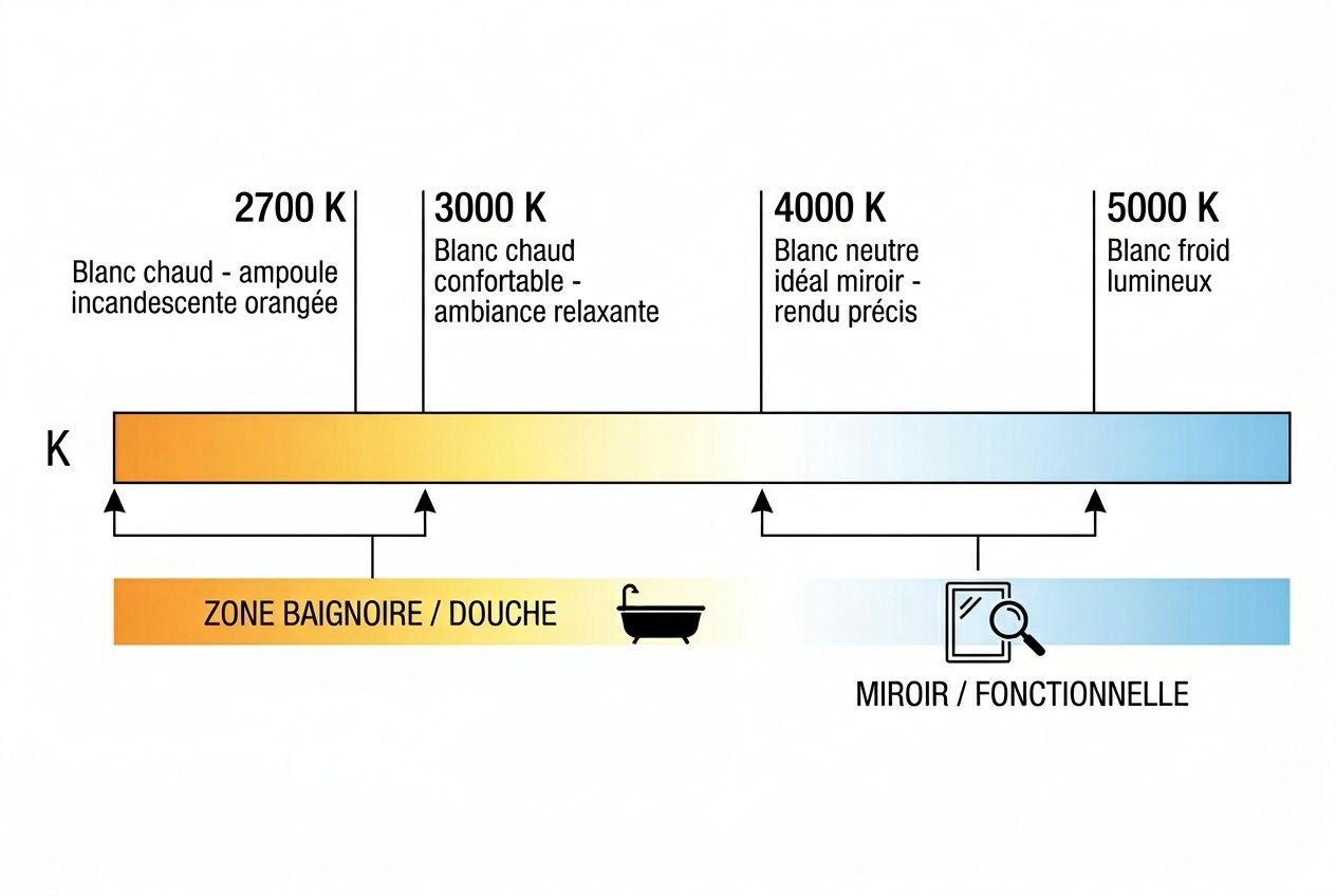 Illustration montrant une échelle de températures couleur (2700–5000 K) pour éclairage salle de bain, avec zones baignoire/douche et miroir/ fonctionnelle. Inclut indications 2700 K à 5000 K et repères IP et lumens selon normes. Integration: quel luminaire mettre dans une salle de bain.