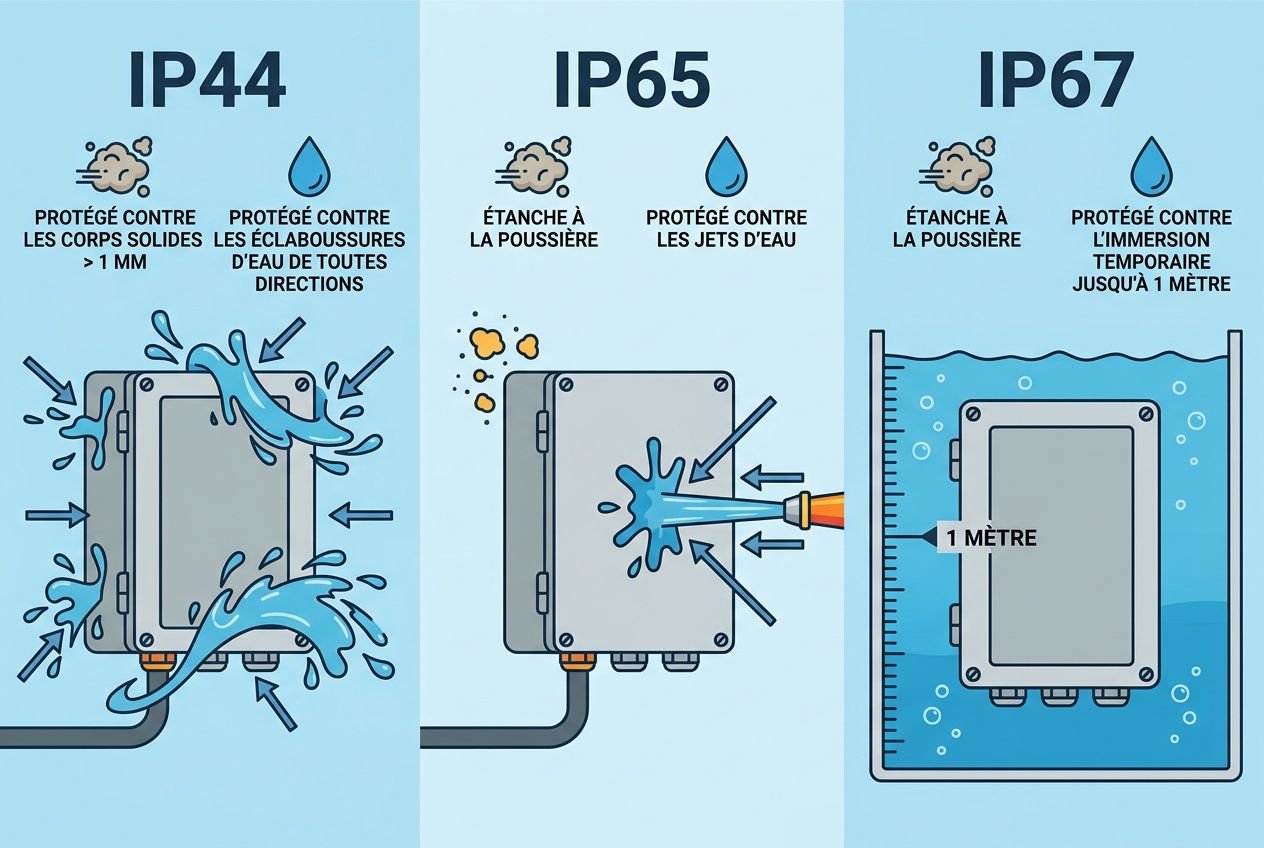 Illustration des protections IP44, IP65 et IP67 pour luminaire salle de bain, montrant les zones d’étanchéité et immersion. protection luminaire pour salle de bain évoquée.