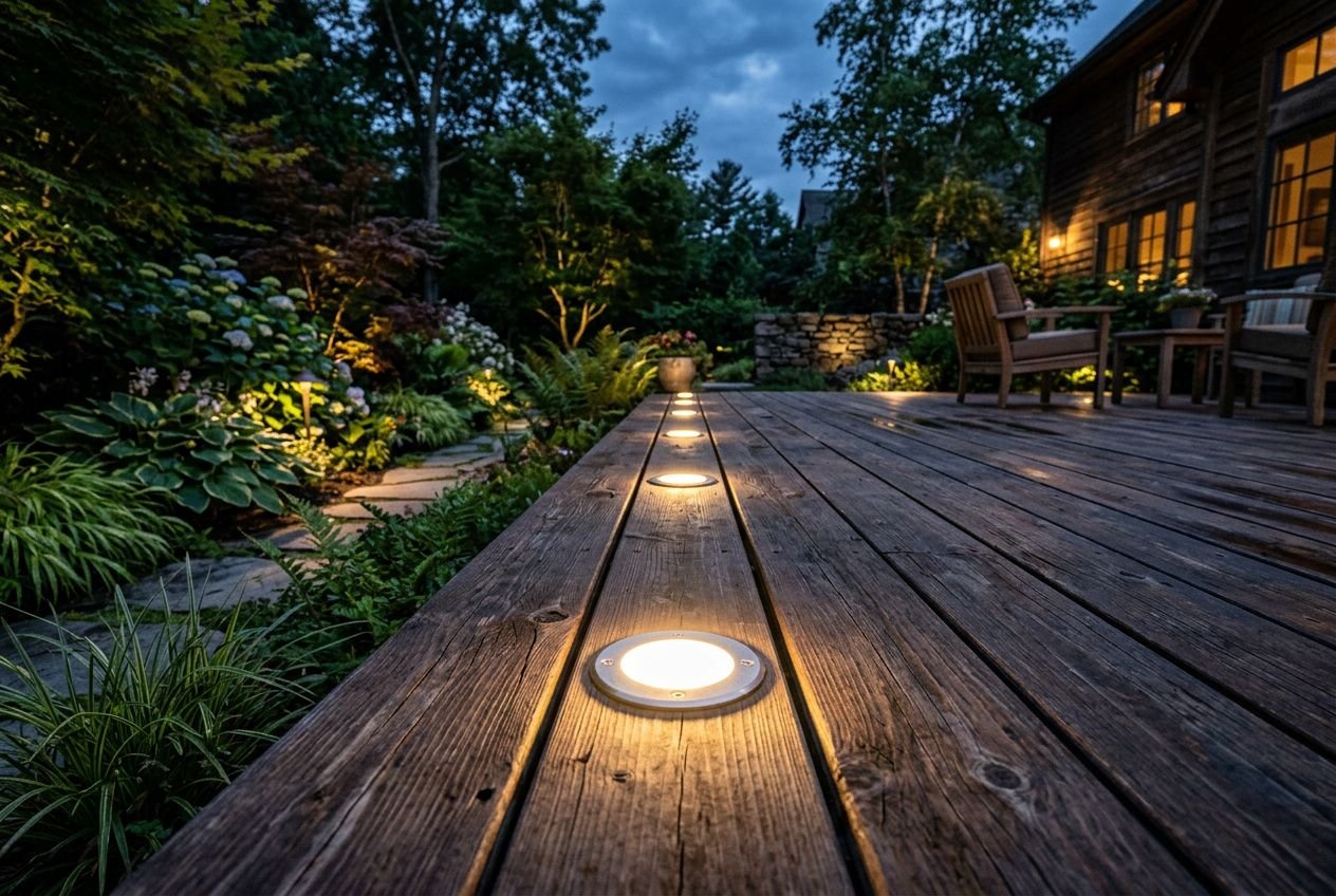 Installer spot encastrable terrasse bois le soir: projecteurs ronds intégrés dans le bois, balisage lumineux le long d’une terrasse en bois avec jardin et maison en arrière-plan.