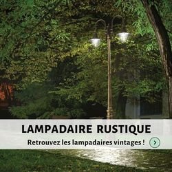 Lampadaire rustique en extérieur, éclairant jardin nocturne avec lumière chaude, arbre et sentier environnants.