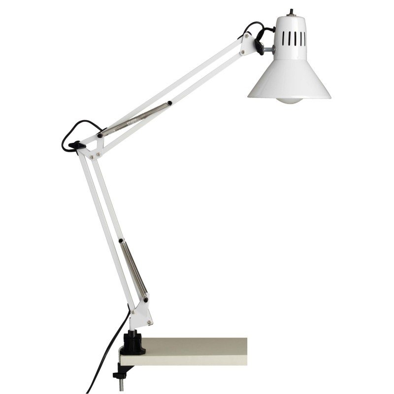 Lampe de bureau articulée blanche avec bras ajustables et socle clamp, éclairant une surface de travail sans éblouissement. Meilleur éclairage pour un bureau.