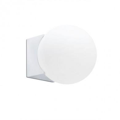 Luminaire mural rond blanc fixé sur support carré, idéal pour éclairage de salle de bain.