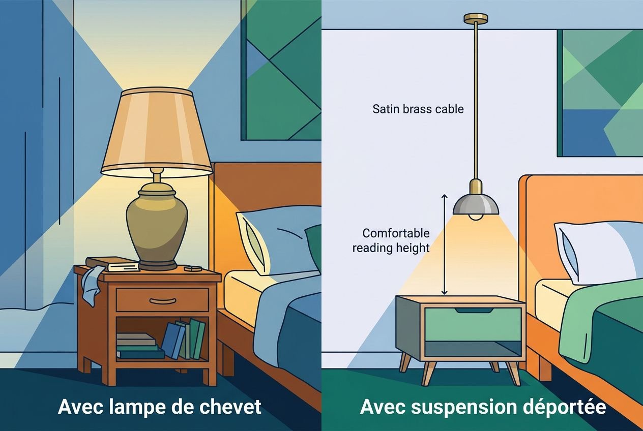 Luminaire orangé suspendu au plafond et lampe de chevet avec lampe de chevet et étagères, plafond et chevet éclairés, style déco moderne et déportée.