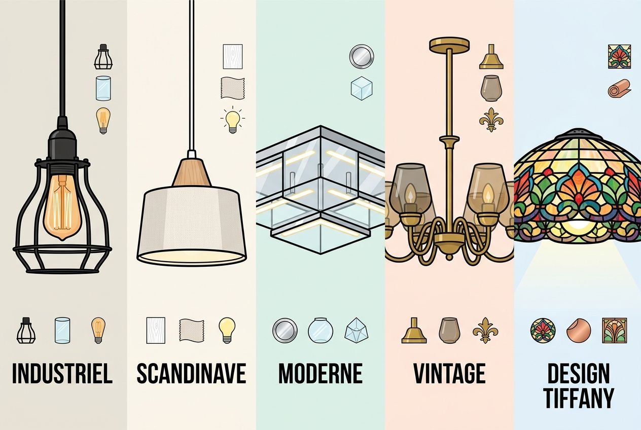 Luminaires design et décoratifs variés: industriel, scandinave, moderne, vintage et Tiffany, avec suspension et lampe à poser.