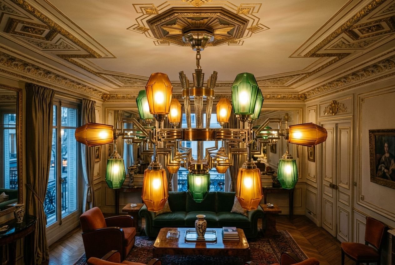 Lustre art déco ancien suspendu au plafond ornate, multicolore avec abat-jour vert et orange, dans un salon élégant des années 30.