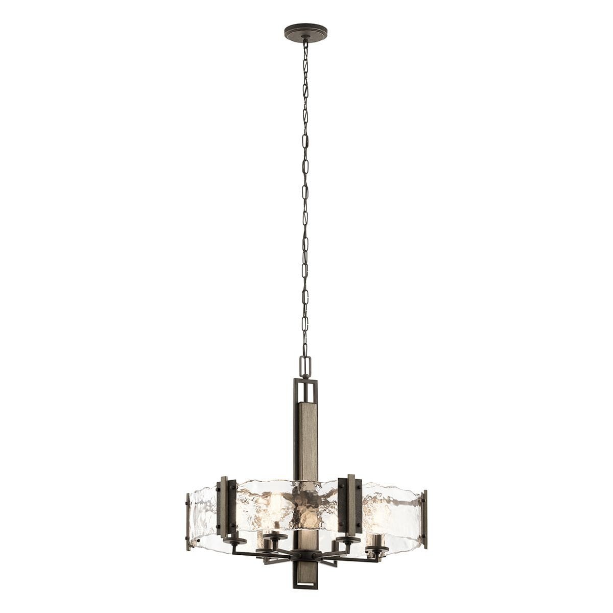 Lustre art déco design: suspension marron avec chaîne et cadre géométrique, abat-jour cylindrique en verre texturé.