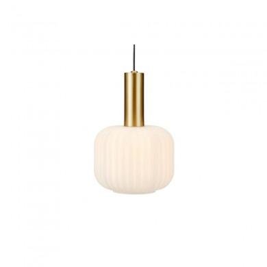 Lustre suspendu à 3 fils avec abat-jour blanc et collerette dorée, prêt à être branché au plafond. Comment brancher un lustre à 3 fils.