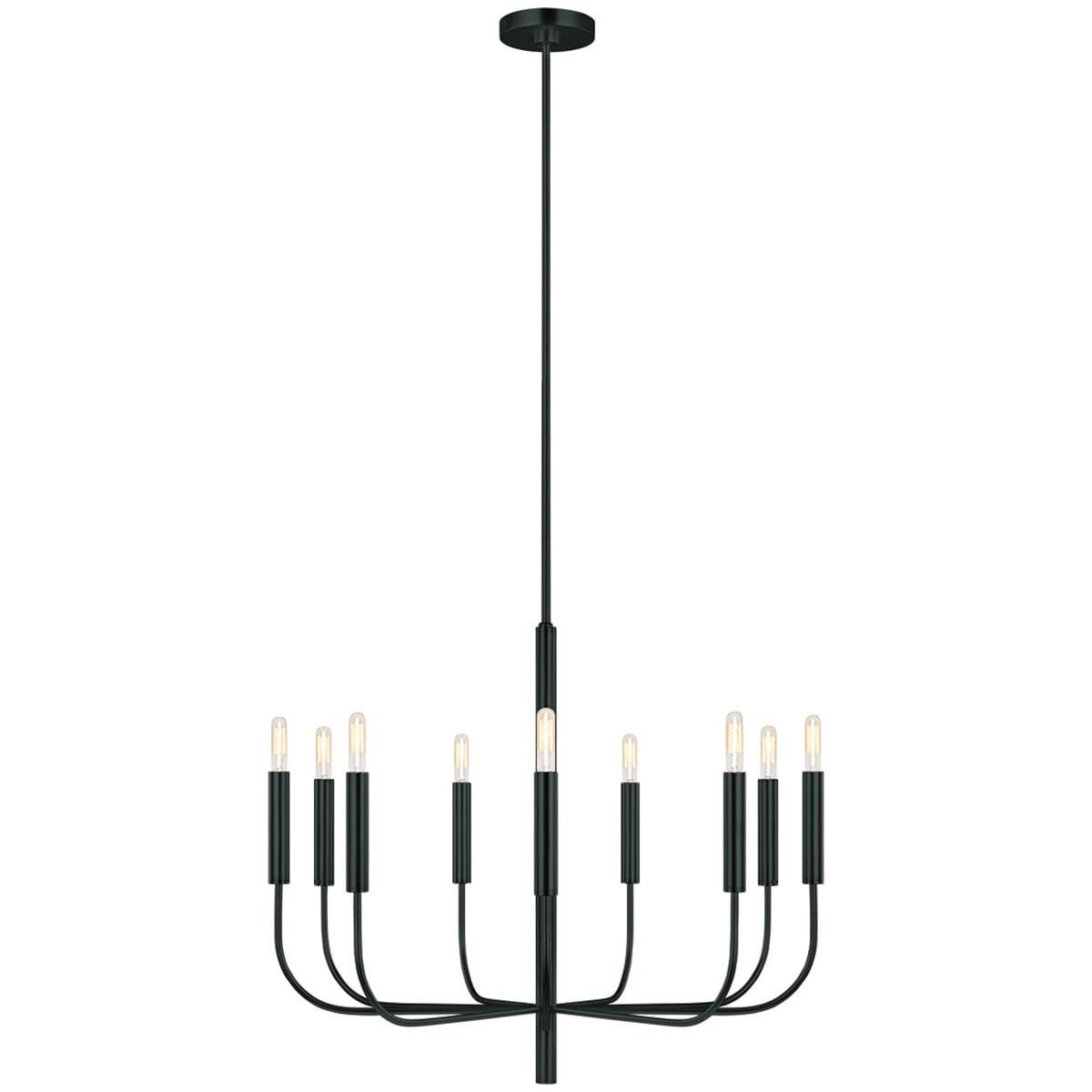 Lustre suspendu en métal noir avec douze bras en chandeliers, fixations montantes et ampoules visibles, prêt à être installé.