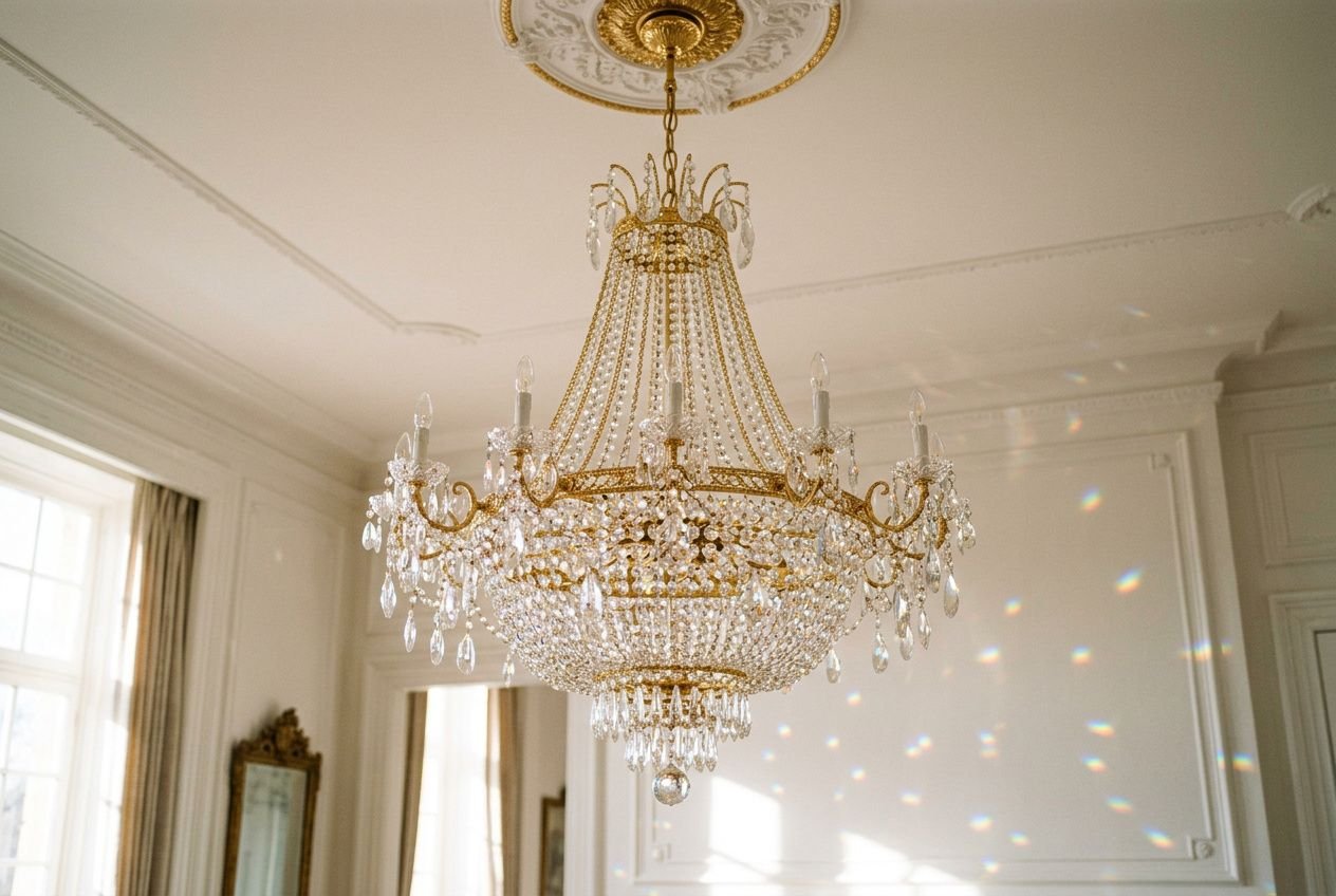 Luxueuse pendeloque en cristal et métal doré suspendue au plafond, reflétant la lumière et les reflets dans une pièce élégante.