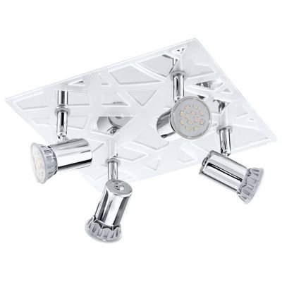 Module d’éclairage plafond avec quatre spots LED, cadre carré blanc et ampoules orientables. ampoule led est-ce vraiment économique domine la description.