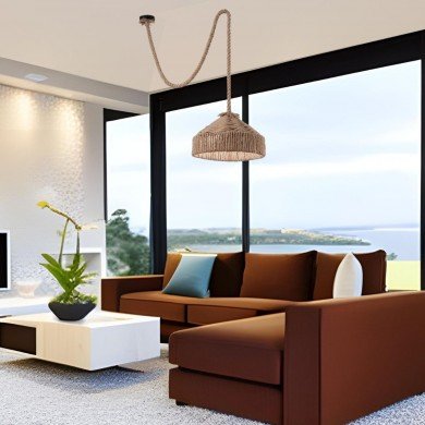 Plafonnier déporté design: suspension déportée élégante en rotin au salon moderne avec canapé marron et vue extérieure.
