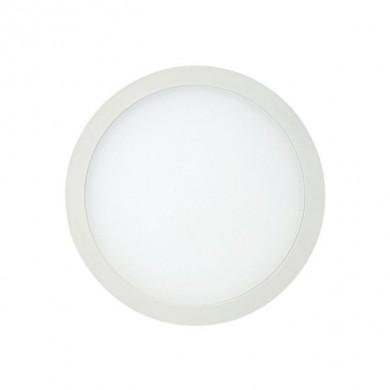 Plafonnier rond LED blanc, panneau lumineux plat et diffuseur opaque. durée de vie d'une ampoule en année suggérée.