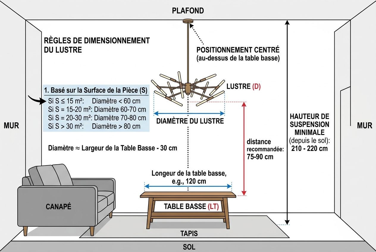 Règles et schéma d’installation d’un lustre au plafond au-dessus d’une table basse dans un salon, avec dimensions et hauteur recommandées. intégré: comment choisir un lustre de salon.