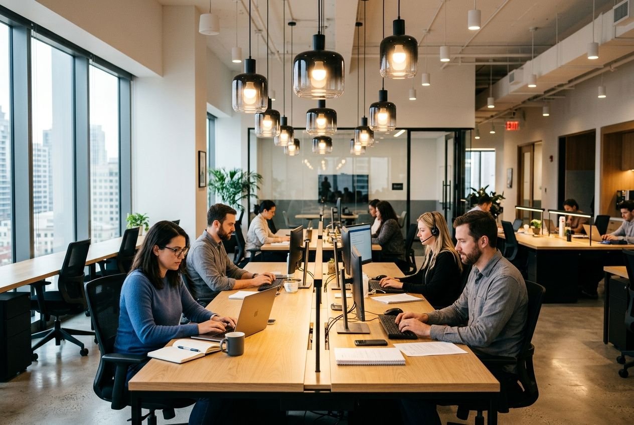 Salle de travail ouverte avec des postes informatiques et des suspensions lumineuses, ambiance professionnelle et lumineuse. Éclairage professionnel intérieur présent.