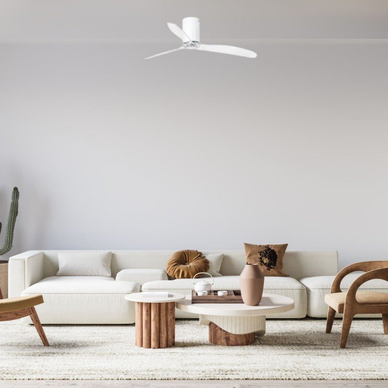 Salon moderne lumineux avec canapé beige, tables basses et déco naturelle; ventilateur silencieux au plafond.