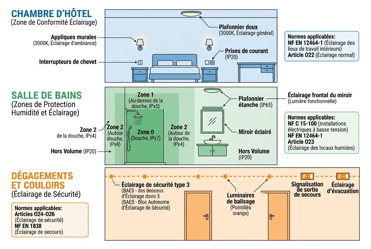 Schéma d’éclairage d’une chambre d’hôtel: luminaires muraux, plafonnier doux et veilleuse, pour une ambiance apaisante. éclairage chambre d'hôtel integrated.