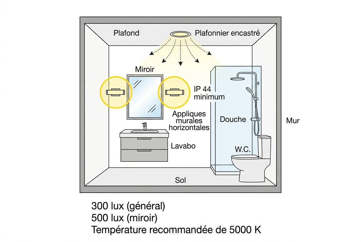 Schéma d’éclairage intérieur montrant un miroir et deux appliques au-dessus d’un meuble lavabo, dans une salle de bains avec douche et WC; plafonds et miroir encastrés, hauteur et lustre indiqués, lumière blanche chaude recommandée. Intègre le concept quel luminaire par pièce.
