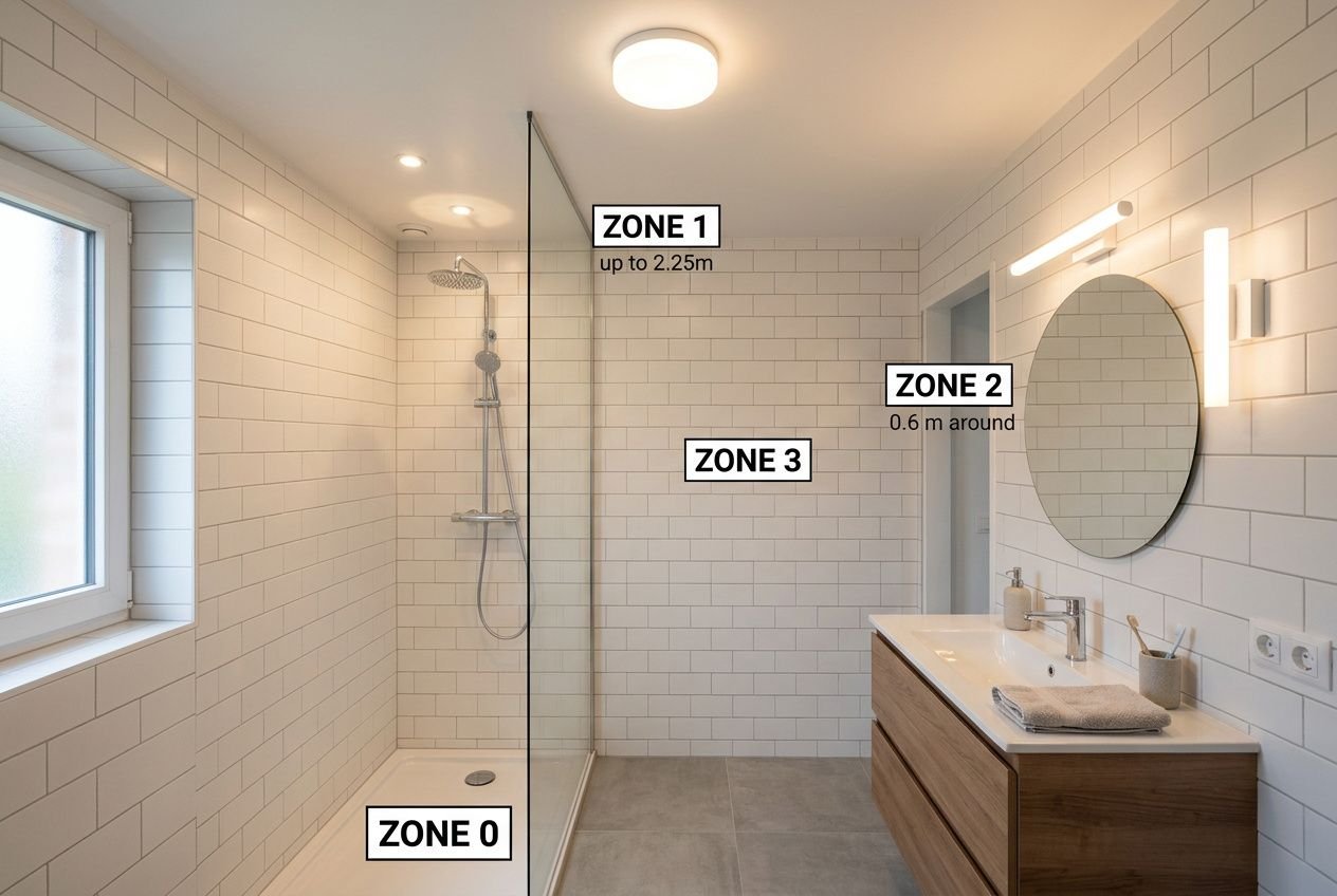 Schéma d’éclairage de salle de bain montrant les zones de protection: Zone 0 au plancher, Zone 1 au plafond de la cabine, Zone 2 autour du lavabos, Zone 3 arrière. Mise en évidence d’un éclairage résistant à l’eau, illustration proche de la notion de protection luminaire pour salle de bain.