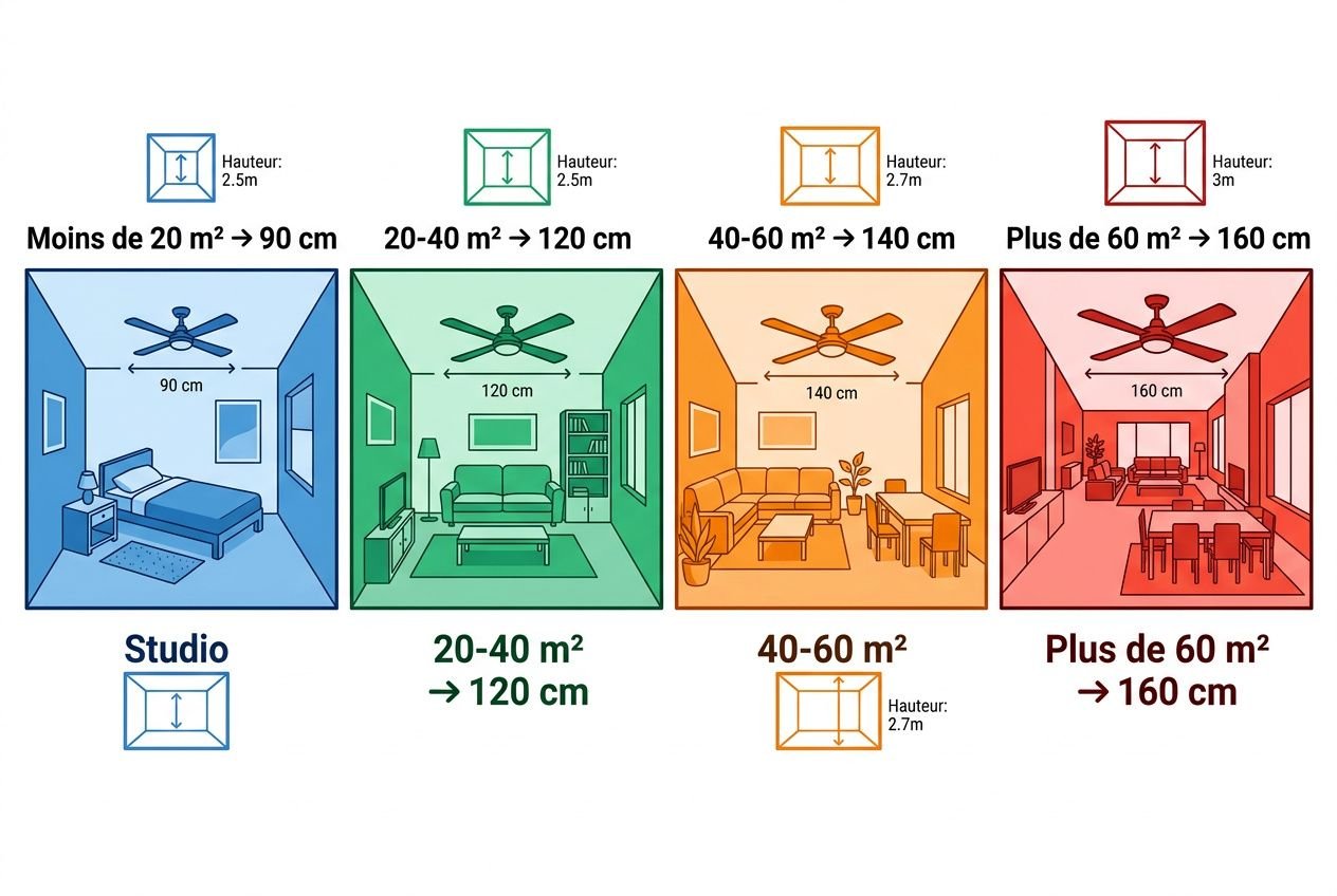 Schéma d’installation et dimensions d’un déstratificateur pour particulier: plusieurs tailles selon surface, avec plafonniers et espaces: studio, 20-40 m², 40-60 m² et Plus de 60 m² orientés couleurs différentes. Dimensions et hauteur indiquées.