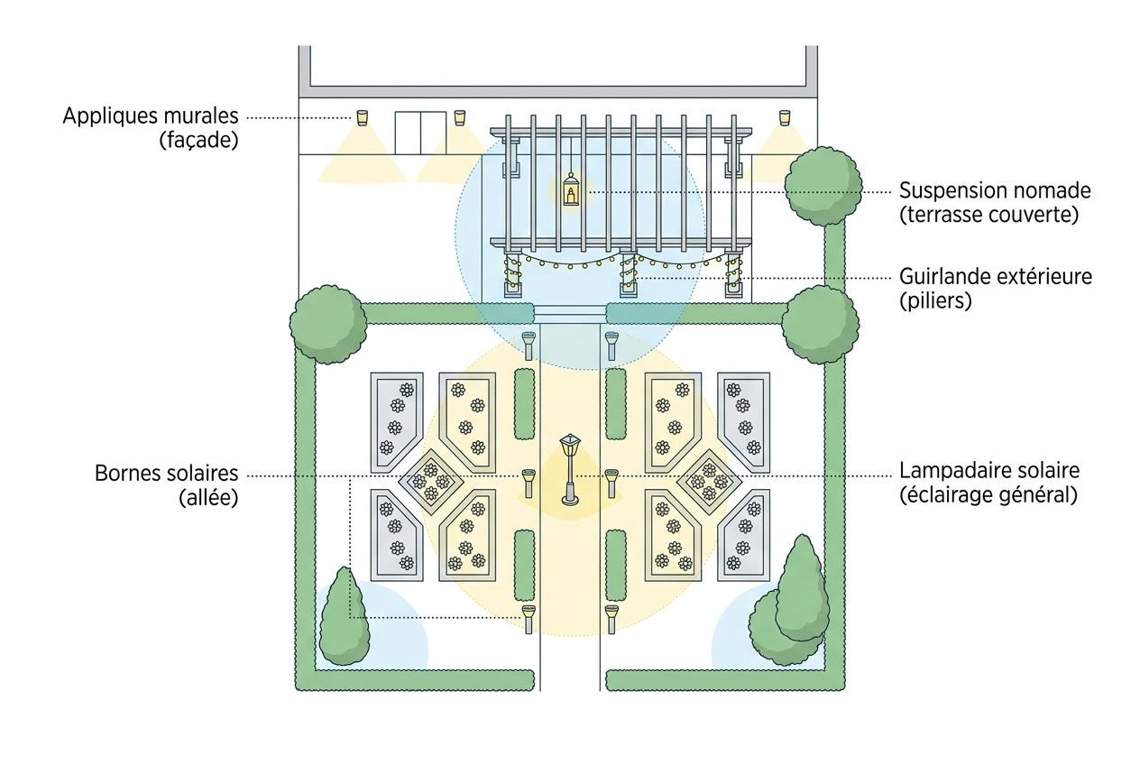 Schéma d’un aménagement lumineux extérieur sans électricité: luminaires solaires et suspension nomade éclairant l’espace terrasse et allée, avec guirlande extérieure et bornes solaires.