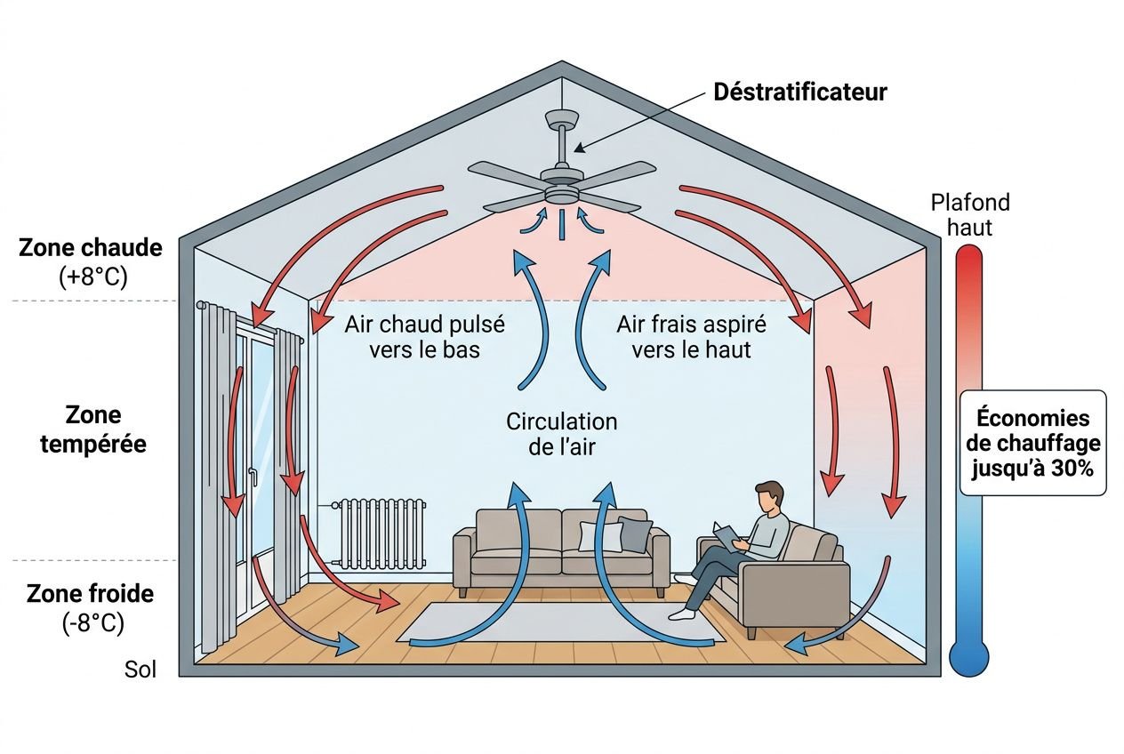 Schéma d’un déstratificateur illustrant la redistribution de la chaleur: airflow du plafond vers le bas et du sol vers le haut, avec économie de chauffage jusqu’à 30%. Destratificateur pour particulier.
