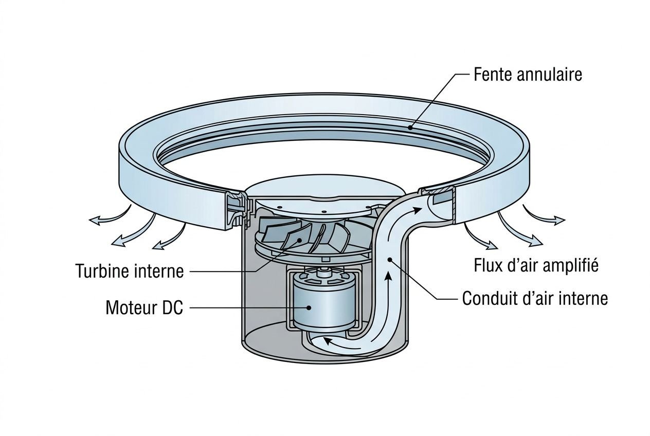 Schéma d’un ventilateur sans pales: turbine interne, moteur DC et flux d’air amplifié par le conduit interne, fente annulaire.