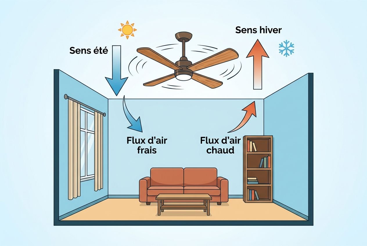 Schéma illustrant un séjour avec un ventilateur au plafond : flux d’air frais entrant près des fenêtres et flux d’air chaud sortant vers le haut, idéal pour le meilleur ventilateur pour la canicule.