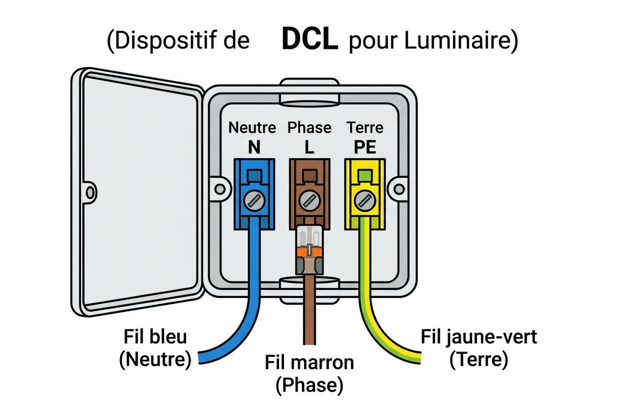 Schéma montrant le branchement DCL pour luminaire: fils neutre bleu, phase marron, terre jaune-vert dans une boîte de dérivation. These are wiring terminals N, L, PE.