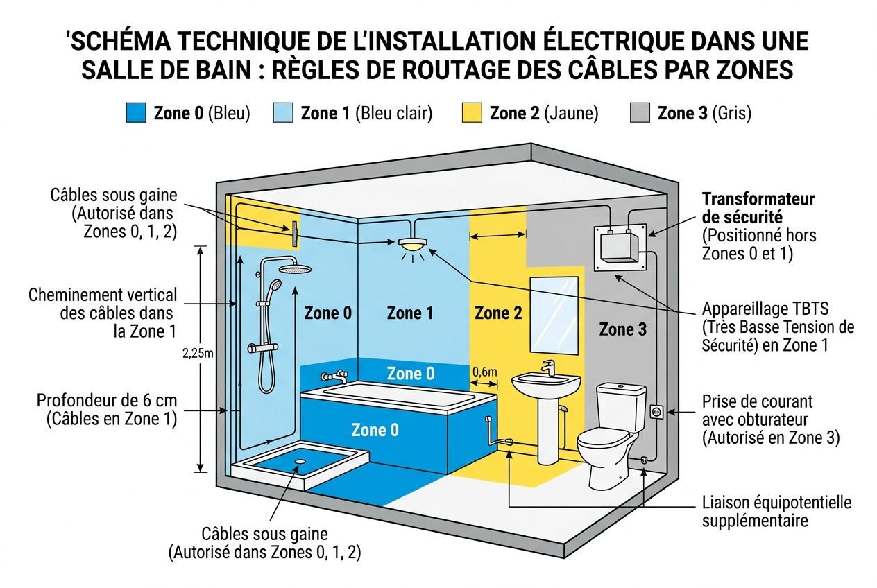 Schéma technique d’installation électrique en salle de bain montrant les zones (0 à 3) et les restrictions de câbles, avec protection luminaire pour salle de bain adaptée selon les zones.