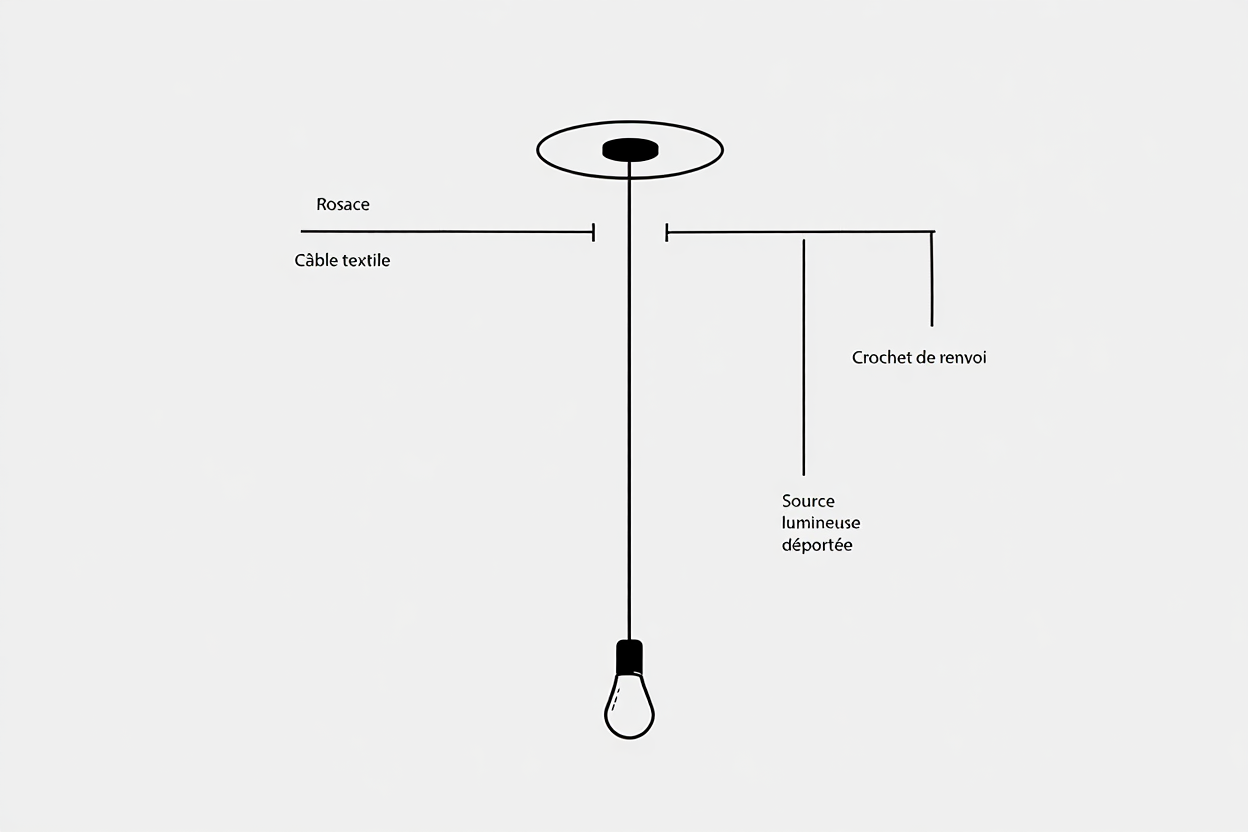 Schéma technique d’un plafonnier déporté design montrant la rosace, le câble textile, le crochet de renvoi et une source lumineuse déportée avec une suspension simple.