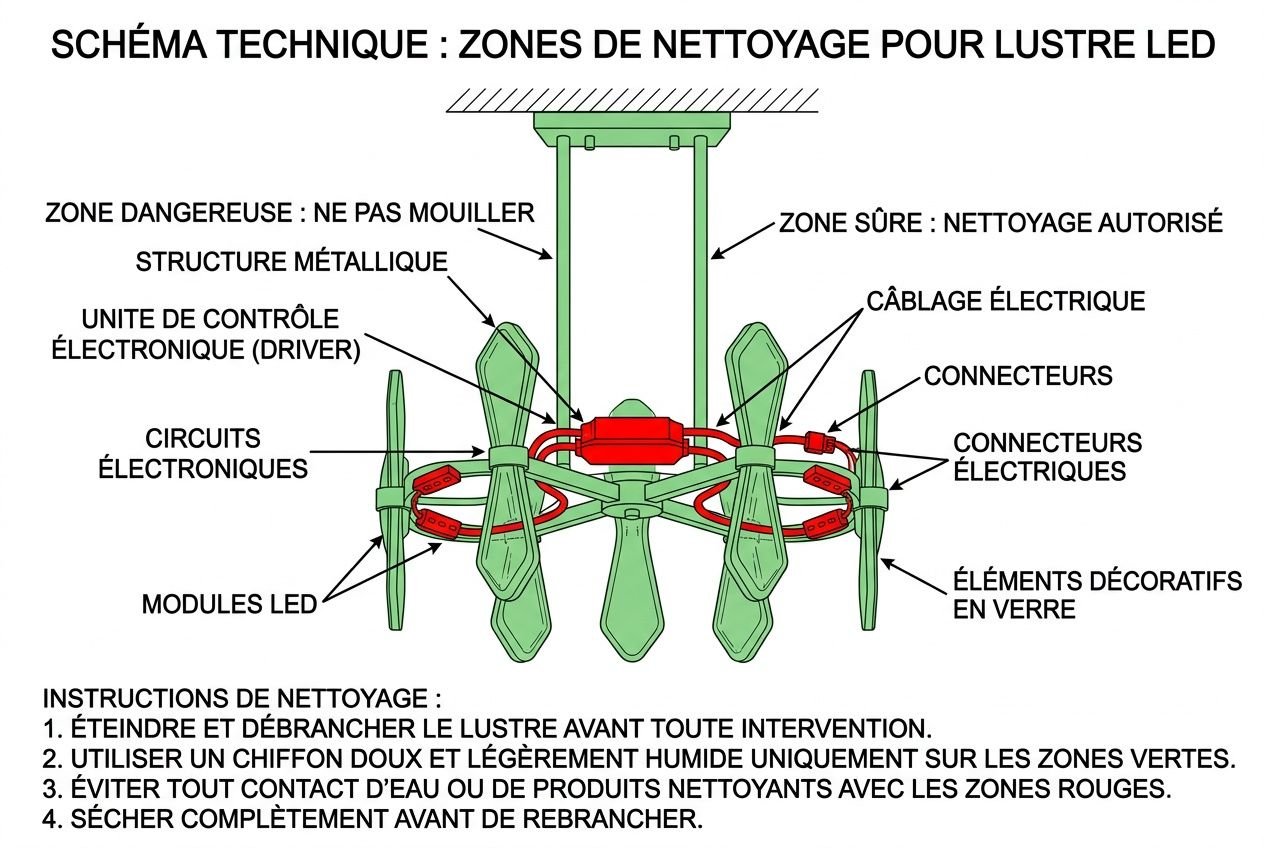 Schéma technique montrant les zones de nettoyage d’un lustre LED avec composants: structure métallique, modules LED, connecteurs électriques et câblage, façon d’éteindre, débrancher et nettoyer en douceur. Inclure le mot-clé: comment nettoyer un lustre.