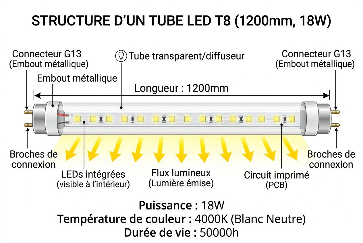 Structure d’un tube LED T8 (1200mm, 18W) montrant LEDS intégrées, flux lumineux émis, circuit imprimé, connecteurs G13 et embouts métalliques, pour éclairage professionnel intérieur.