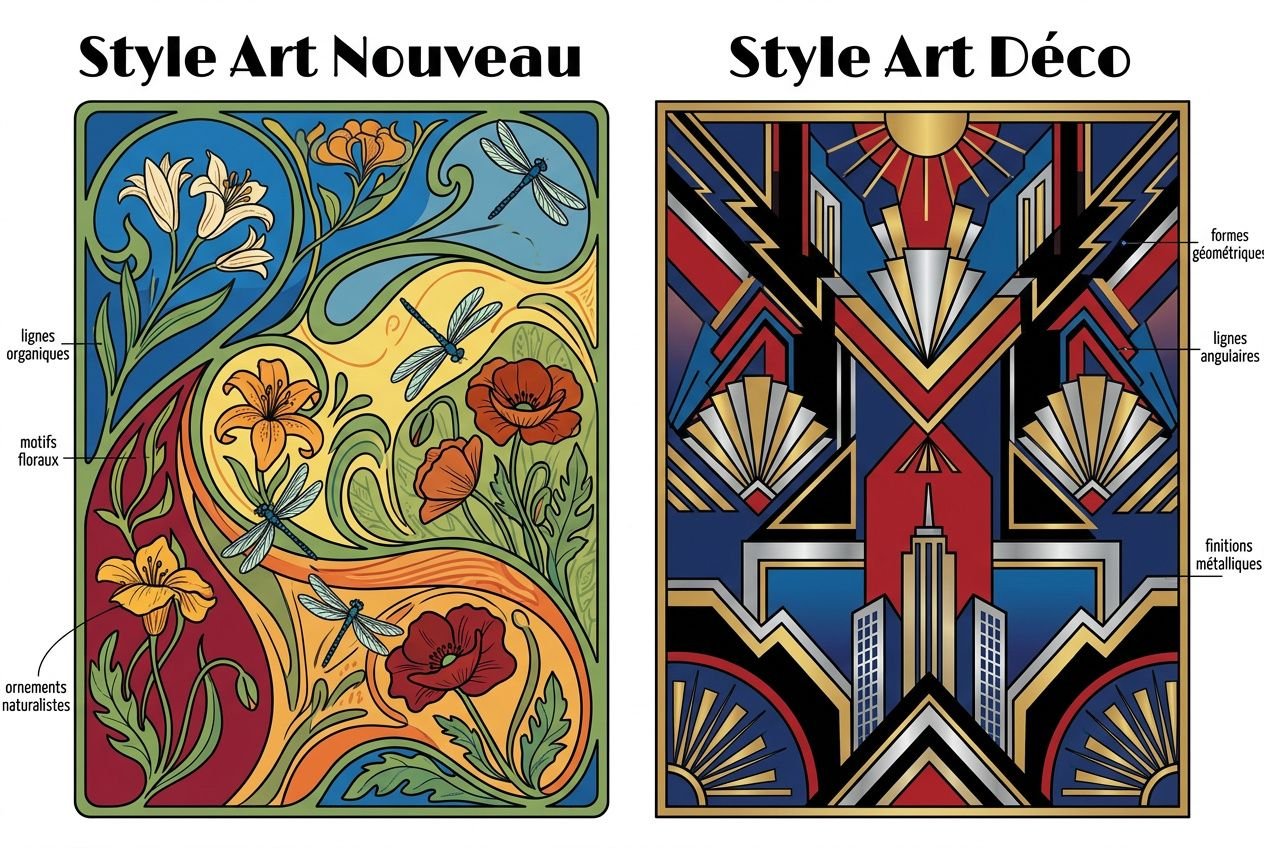 Style Art Nouveau et Style Art Déco affichés côté à côté, avec motifs floraux et insectes à gauche, géométrie et flèches lumineuses à droite. lustre art déco ancien intégré.