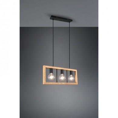 Suspension luminaire style industriel noir au cadre rectangulaire en bois avec trois ampoules exposées, suspendue au plafond.
