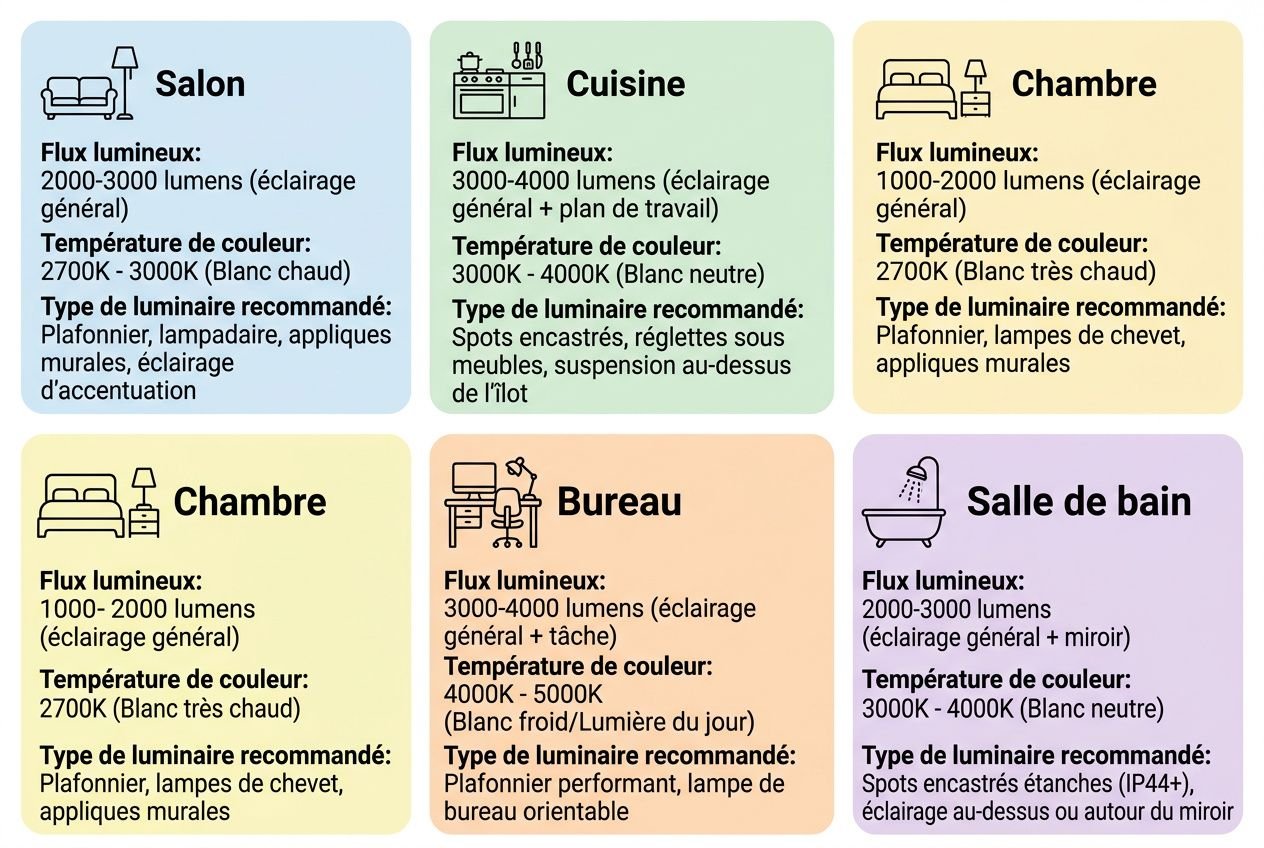 Tableau informatif sur les luminaires par pièce, illustrant différents types de lumière et conseils d’éclairage pour salon, cuisine, chambre, bureau et salle de bain. Luminaire présent dans chaque catégorie.