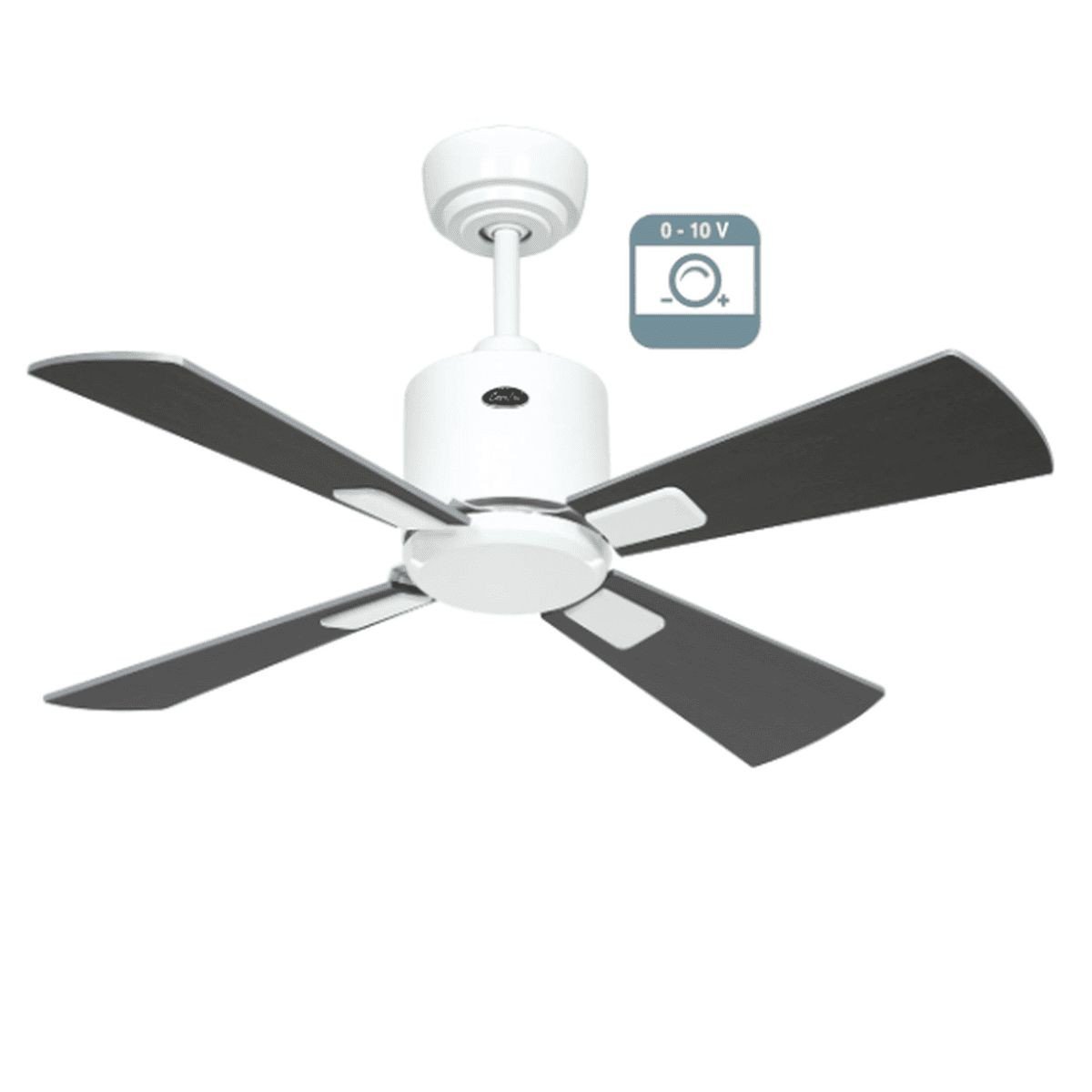 Ventilateur de plafond blanc à 4 pales avec interrupteur et indicateur 0–10 V, vue en angle. pourquoi ventilateur plafond bruyant intégré naturellement.