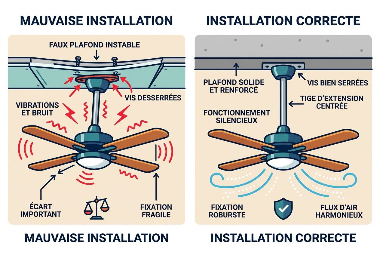 Ventilateur plafond bruyant : illustration comparant mauvaise et bonne installation avec vibrations, décalage et fixations irrégulières.