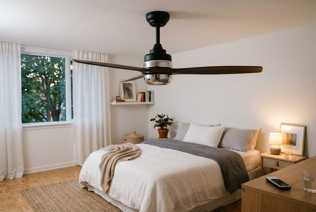 Ventilateur de plafond design moderne suspendu au-dessus d’un lit dans une chambre lumineuse, avec lumière douce et abat-jour, ambiance calme et élégante. comment choisir un ventilateur de plafond design intégré.