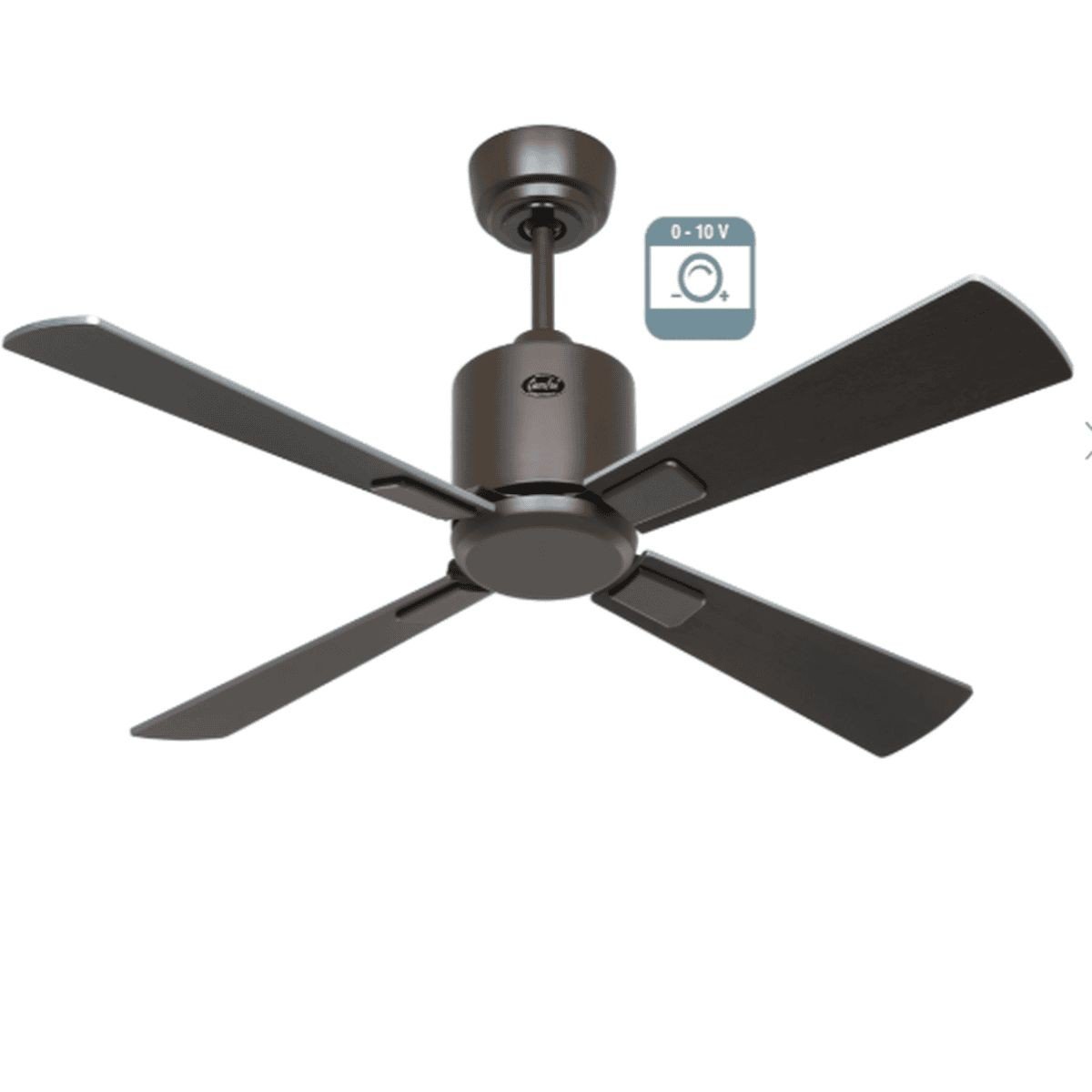 Ventilateur plafond moderne à quatre pales, noir gris, avec support mural et petit boîtier électrique; tourne sous 0–10 V.