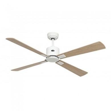 Ventilateur plafond moderne avec quatre pales en bois et support blanc, destiné à améliorer la circulation d’air dans les pièces à faible hauteur, idéal comme destr... destratificateur faible hauteur.