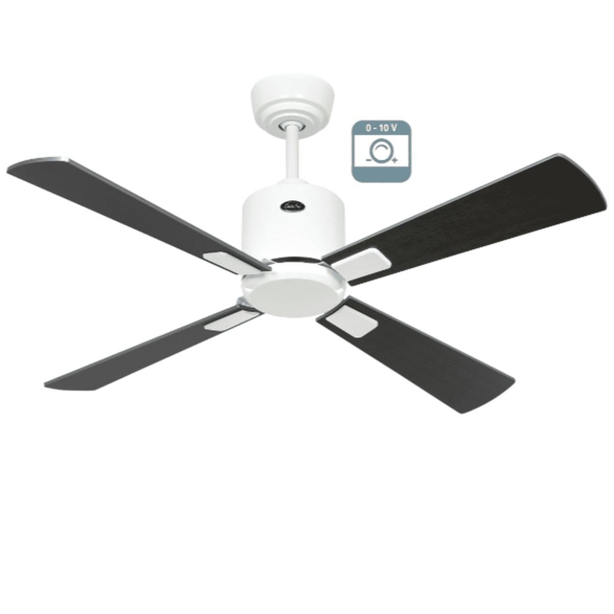 Ventilateur plafond pour petit appartement avec support blanc et pale noirs, moteur silencieux intégré et contrôle DC.